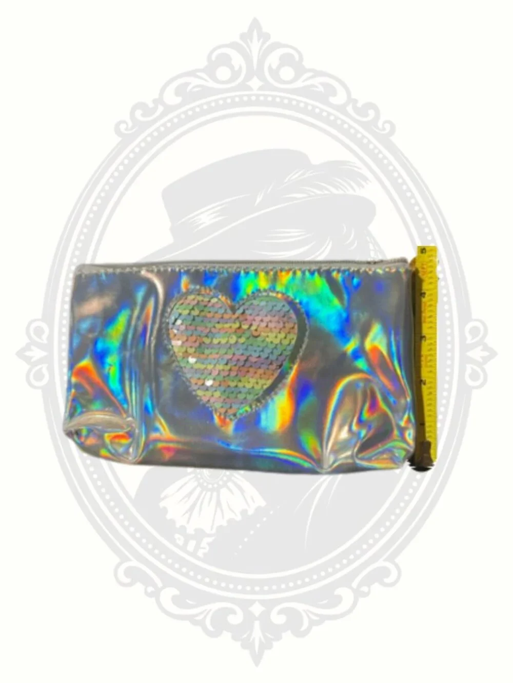 Y2K Silver Holographic Makeup Bag Reversible Sequin Heart Cosmetic Pouch